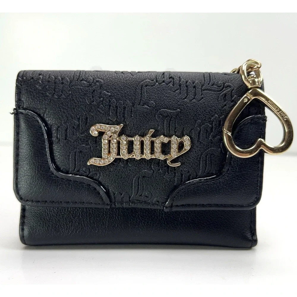 Juicy Couture Heartless Trifold Wallet Double Sided Gold Charm Liquorice Black